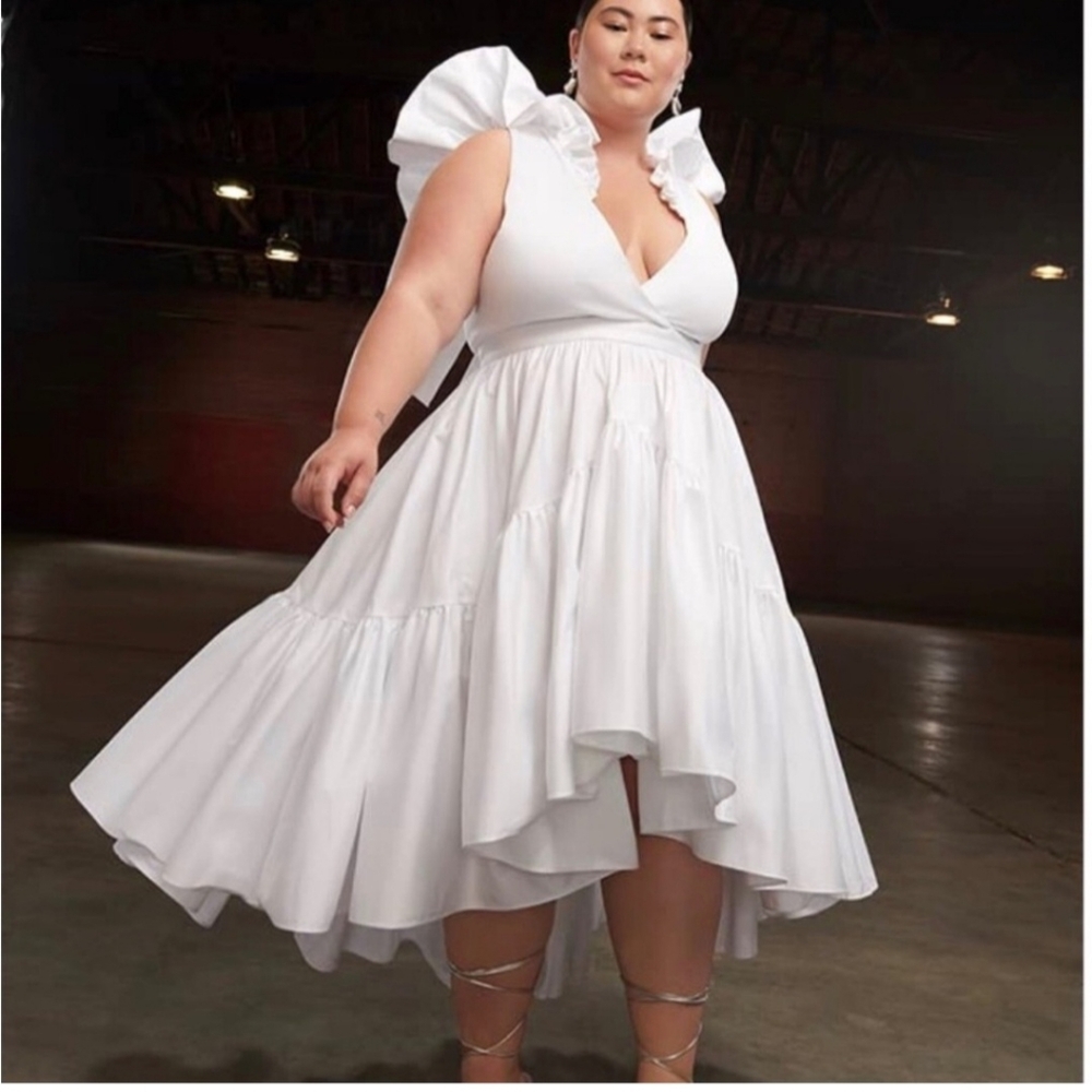 Making the cut white ruffle high low dress